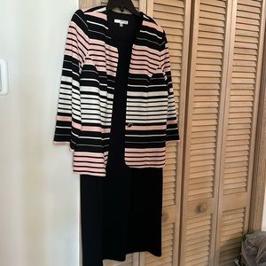 Studio One- black sheath dress with pink and white and black stripes jacket.